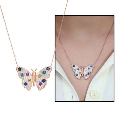 Zirkon Taşlı Kişiye Özel İsim Yazılı 925 Ayar Gümüş Kelebek Kolye - M5 - Tesbihane