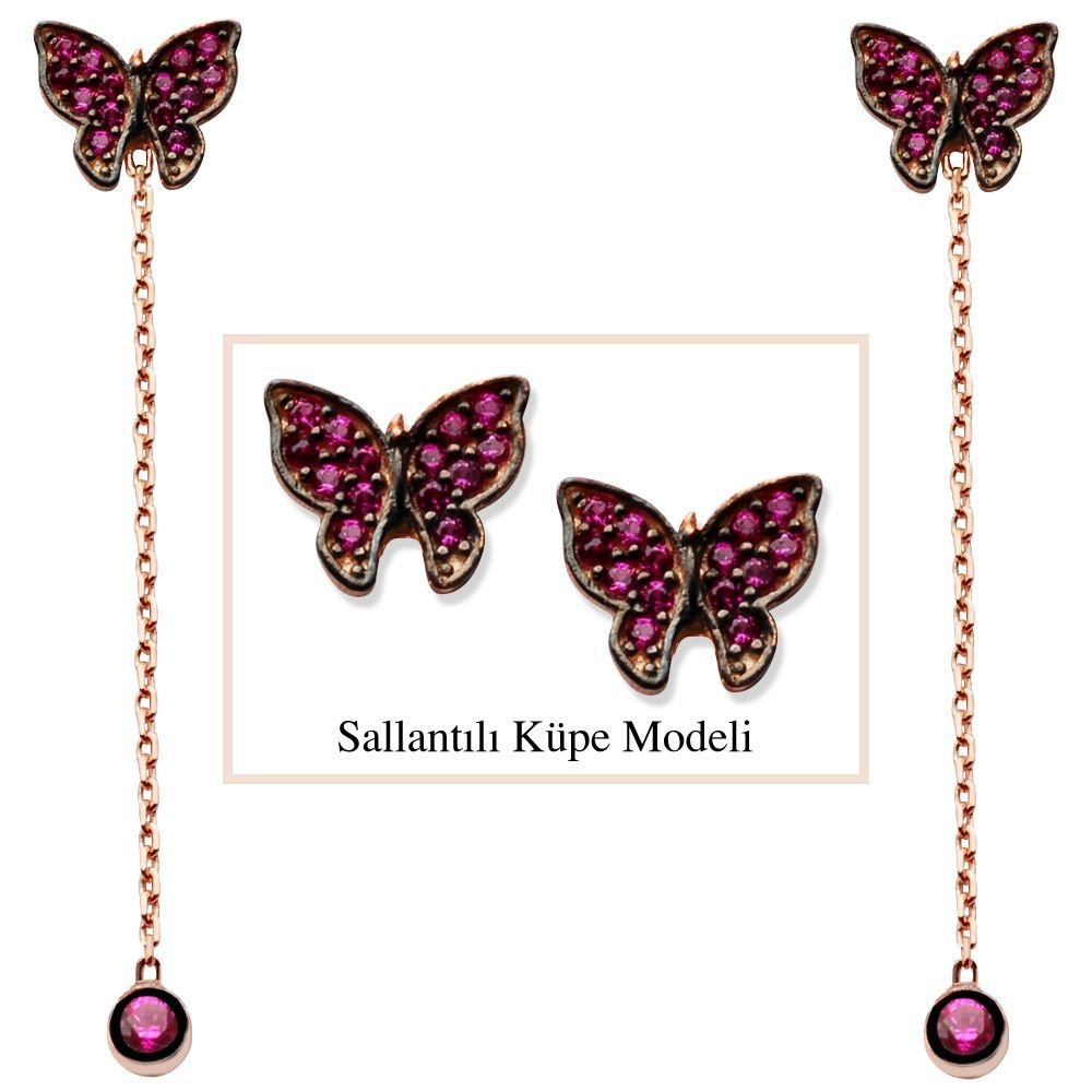 925 Ayar Gümüş Kelebek Model Japon Sallantılı Küpe (SRD00192) - 1