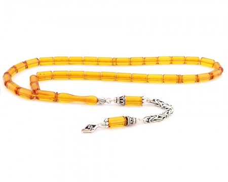 925 Ayar Gümüş Kesme Kesim Sarı Sıkma Kehribar Tesbih - Tesbihane