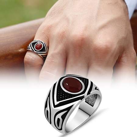 Mikron Taş İşlemeli Kırmızı Akik Taşlı 925 Ayar Gümüş Erkek Yüzük - Tesbihane