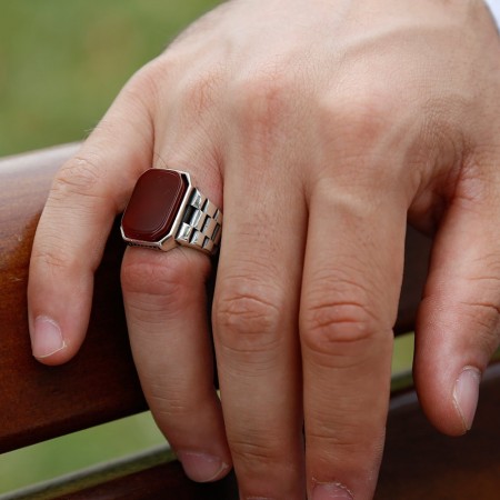 925 Ayar Gümüş Kırmızı Akik Taşlı Yüzük (model 2) - Tesbihane