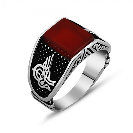 Tuğra İşlemeli Kırmızı Akik Taşlı 925 Ayar Gümüş Erkek Yüzük - Tesbihane