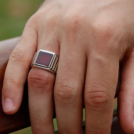 925 Ayar Gümüş Kırmızı Akik Taşlı Yüzük (model 5) - Tesbihane