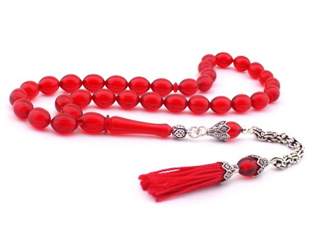 925 Ayar Gümüş Kırmızı Arpa Kesim Sıkma Kehribar Tesbih - Tesbihane