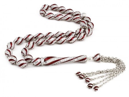 925 Ayar Gümüş Kırmızı Mine Kaplamalı Zirkon Taşlı Tesbih - Tesbihane