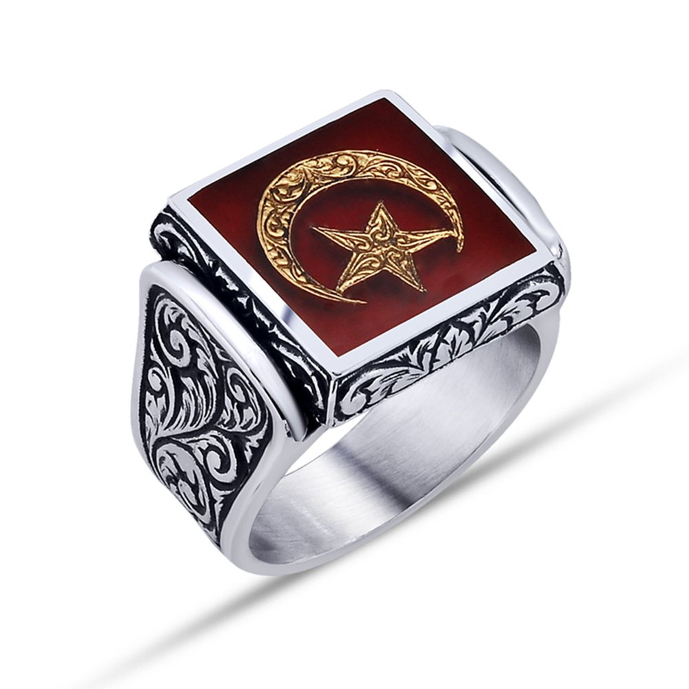 925 Ayar Gümüş Kırmızı Mine Üzerine Ay Yıldız Desen Yüzük - Model - 3 - 1