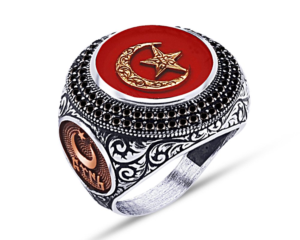 925 Ayar Gümüş Kırmızı Mine Üzerine Ay Yıldız Desen Yüzük - 1