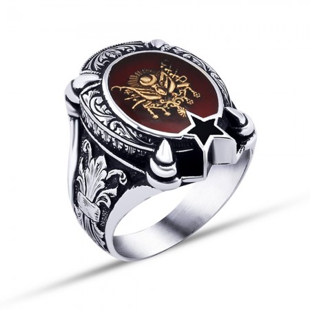 925 Ayar Gümüş Kırmızı Mine Üzerine Ayyıldız Osmanlı Arma Yüzük - Model - 2 - Tesbihane