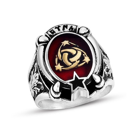 925 Ayar Gümüş Kırmızı Mine Üzerine Ayyıldız Teşkilat-I Mahsusa Yüzük - Tesbihane