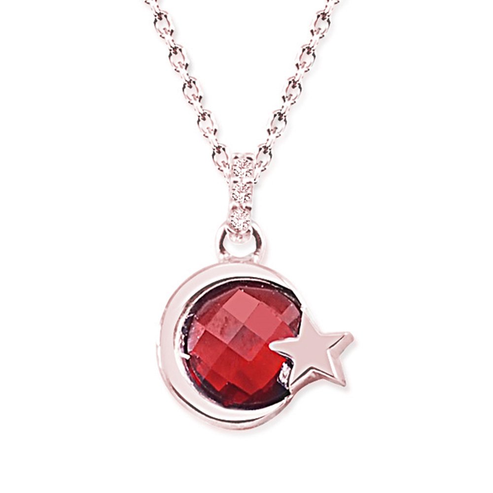 925 Ayar Gümüş Kırmızı Taşlı Ayyıldız Rose Kolye - 1