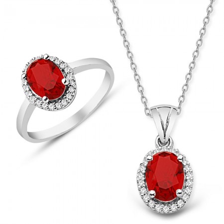 925 Ayar Gümüş Kırmızı ve Beyaz Zirkon Taşlı Kolye ve Yüzük Seti - Tesbihane