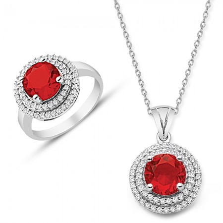 925 Ayar Gümüş Kırmızı ve Beyaz Zirkon Taşlı Kolye ve Yüzük Seti - Tesbihane
