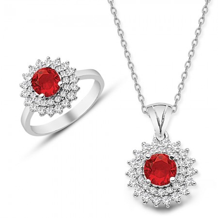 925 Ayar Gümüş Kırmızı ve Beyaz Zirkon Taşlı Kolye ve Yüzük Seti - Tesbihane