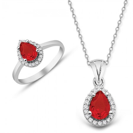 925 Ayar Gümüş Kırmızı ve Beyaz Zirkon Taşlı Kolye ve Yüzük Seti - Tesbihane