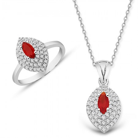 925 Ayar Gümüş Kırmızı ve Beyaz Zirkon Taşlı Kolye ve Yüzük Seti - Tesbihane