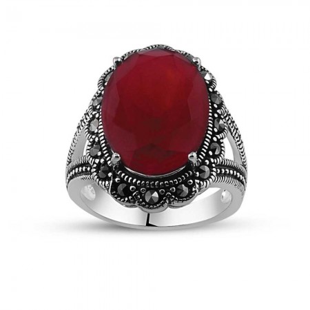 925 Ayar Gümüş Kırmızı Zirkon Taşlı Otantik Yüzük - Tesbihane