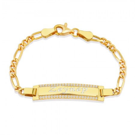 925 Ayar Gümüş Zirkon Taşlı Gold Renk İsim Yazılı Çocuk Bileklik - M2 - Tesbihane