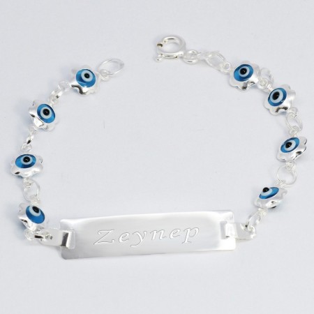 925 Ayar Gümüş Nazar Boncuklu Çiçek Tasarım İsim Yazılı Çocuk Bileklik - Tesbihane