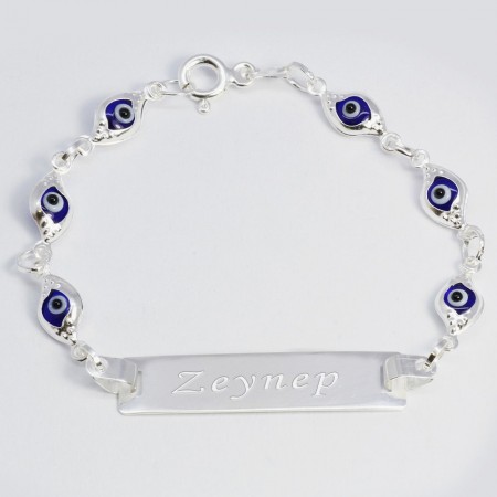 925 Ayar Gümüş Nazar Boncuklu Göz Tasarım İsim Yazılı Çocuk Bileklik - Tesbihane