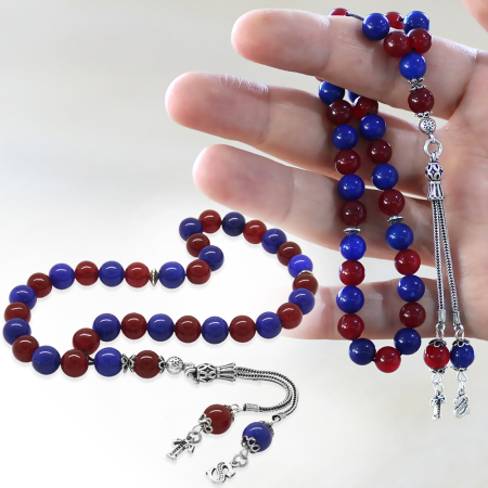 925 Ayar Gümüş İsme Özel Harf Püsküllü Küre Kesim Bordo Mavi Jade Doğaltaş Taraftar Tesbih - Tesbihane