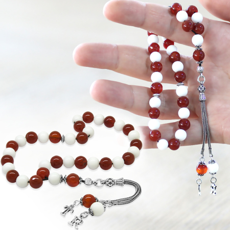 925 Ayar Gümüş İsme Özel Harf Püsküllü Küre Kesim Kırmızı Beyaz Jade Akik Doğaltaş Taraftar Tesbih - Tesbihane