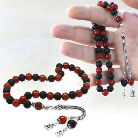 925 Ayar Gümüş İsme Özel Harf Püsküllü Küre Kesim Kırmızı Siyah Oniks Akik Doğaltaş Taraftar Tesbih - Tesbihane