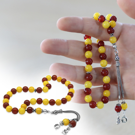 925 Ayar Gümüş İsme Özel Harf Püsküllü Küre Kesim Sarı Kırmızı Jade Akik Doğaltaş Taraftar Tesbih - Tesbihane