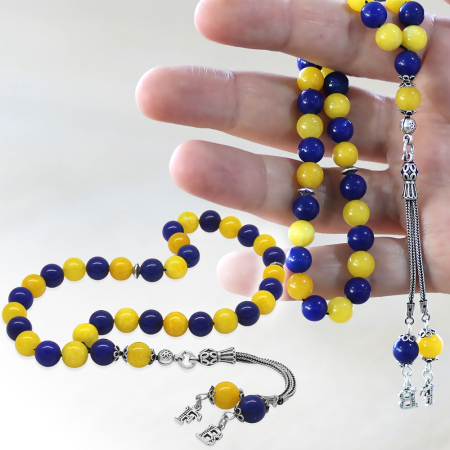 925 Ayar Gümüş İsme Özel Harf Püsküllü Küre Kesim Sarı Lacivert Jade Doğaltaş Taraftar Tesbih - Tesbihane