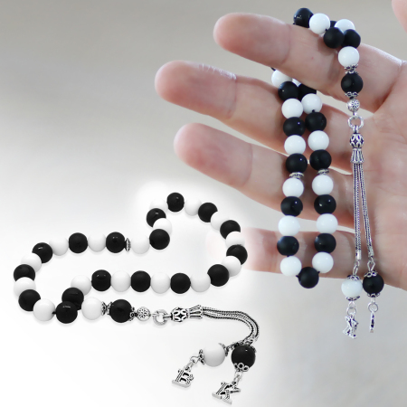 925 Ayar Gümüş İsme Özel Harf Püsküllü Küre Kesim Siyah Beyaz Jade Oniks Doğaltaş Taraftar Tesbih - Tesbihane