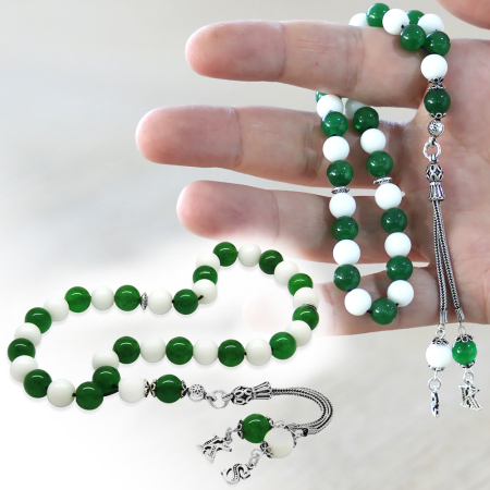 925 Ayar Gümüş İsme Özel Harf Püsküllü Küre Kesim Yeşil Beyaz Jade Doğaltaş Taraftar Tesbih - Tesbihane