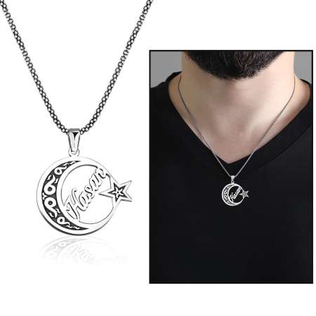 Ayyıldız Tasarım İsme Özel Yazılı 925 Ayar Gümüş Erkek Kolye - Tesbihane