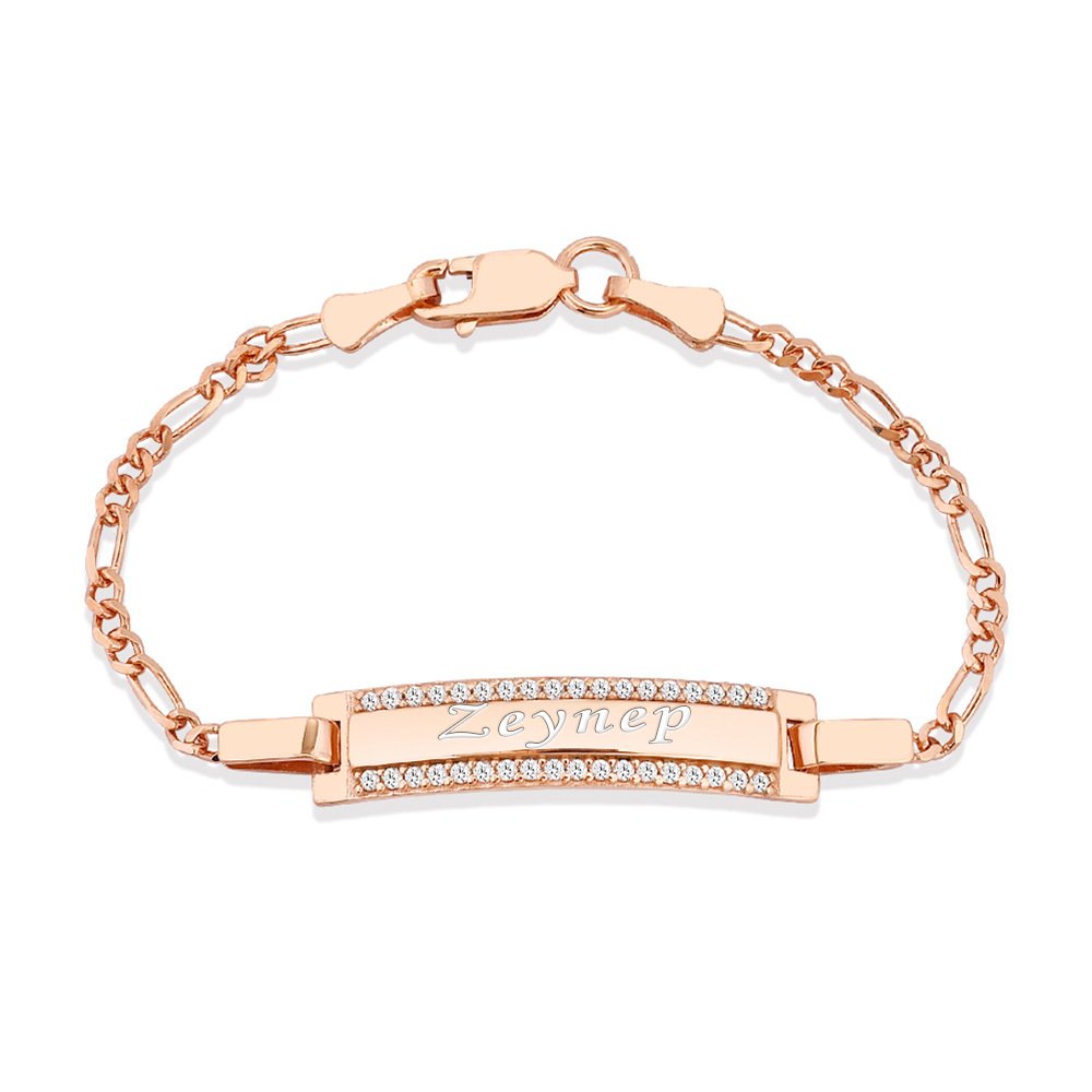 925 Ayar Gümüş Zirkon Taşlı Rose Renk İsim Yazılı Çocuk Bileklik - 1