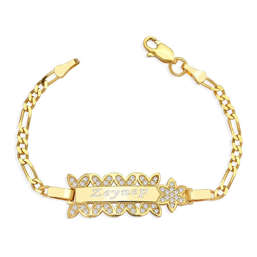 925 Ayar Gümüş Zirkon Taşlı Gold Renk Çiçek Tasarım İsim Yazılı Çocuk Bileklik - 1