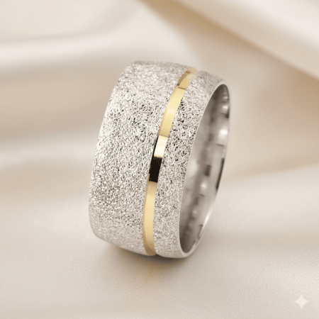 Gold Renk Çizgi Tasarım 925 Ayar Gümüş Bayan Alyans - Tesbihane