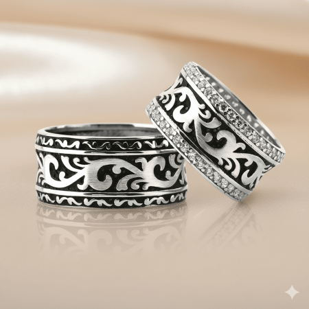 Klasik Doğu Motifli 925 Ayar Gümüş Çift Alyans - Tesbihane