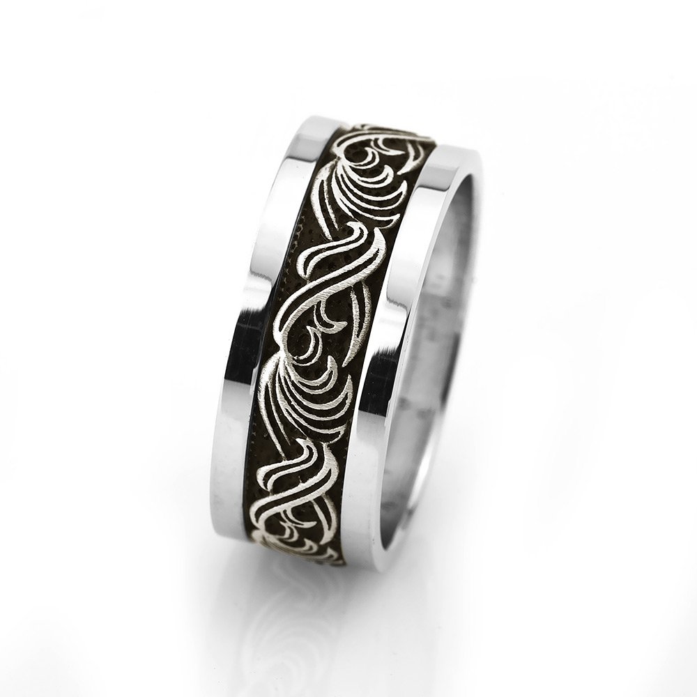 Motif İşlemeli Gri-Siyah 925 Ayar Gümüş Erkek Alyans - 1