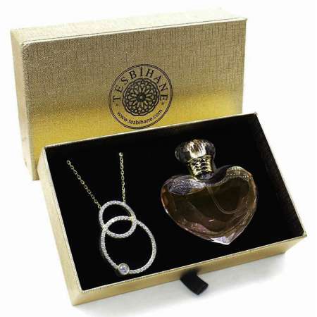 Zirkon Taşlı Çift Çember 925 Ayar Gümüş Bayan Kolye ve Parfüm Seti - Tesbihane