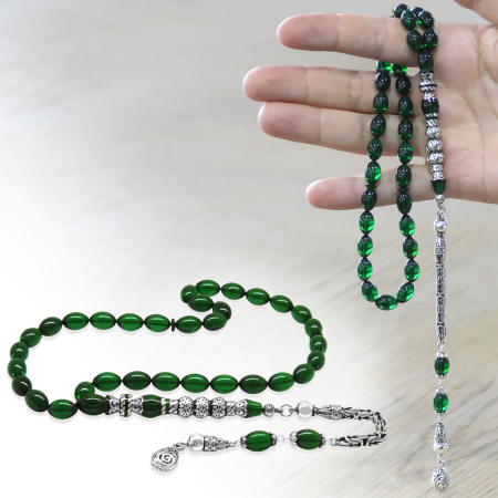 925 Ayar Gümüş Kral Püsküllü Gümüş Üç Şerefeli Nakkaş İmameli Yeşil Ateş Kehribar Tesbih - Tesbihane