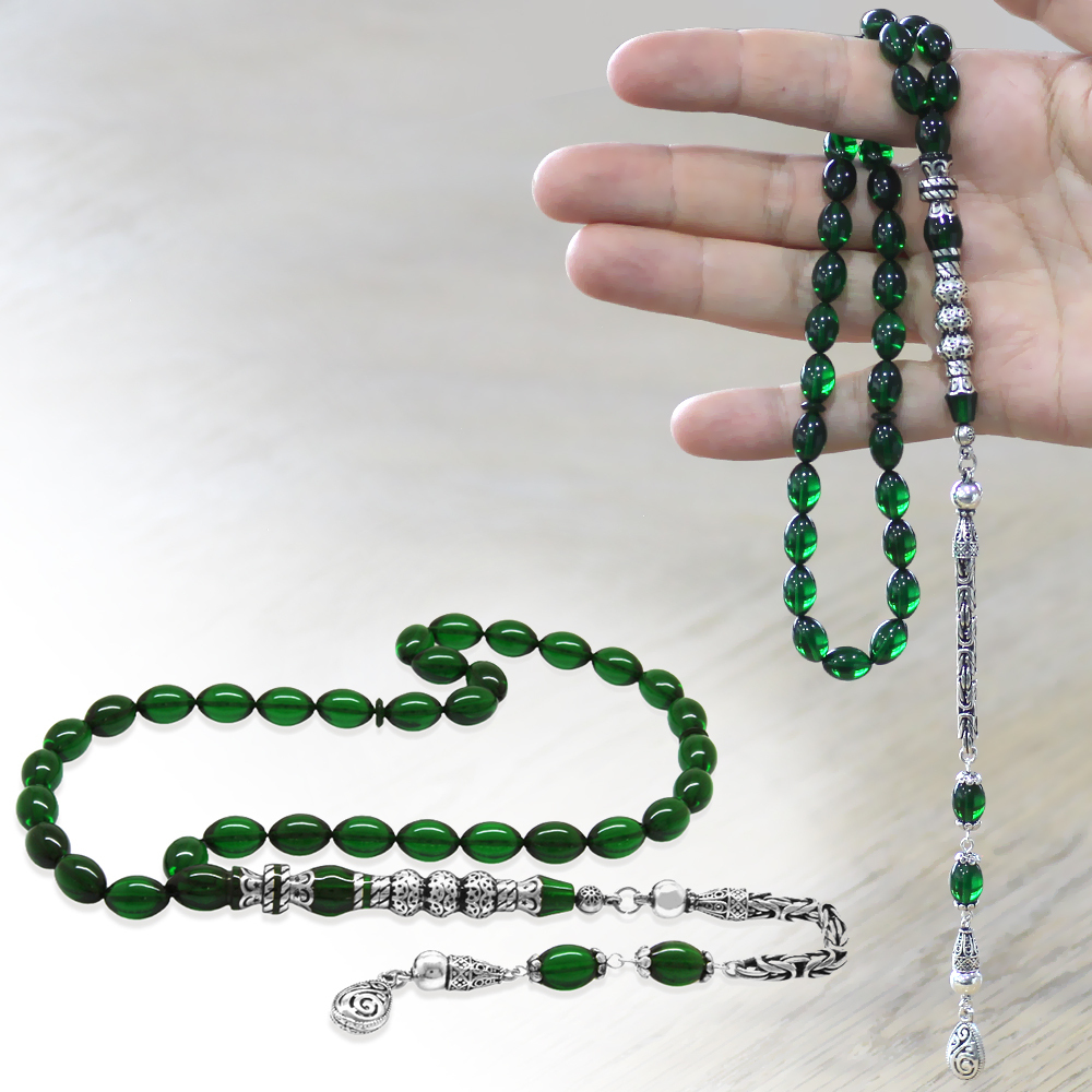 925 Ayar Gümüş Kral Püsküllü Gümüş Üç Şerefeli Nakkaş İmameli Yeşil Ateş Kehribar Tesbih - 1