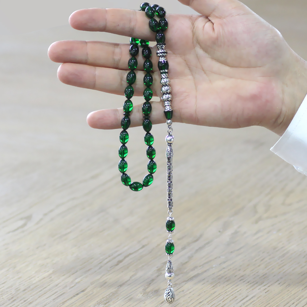 925 Ayar Gümüş Kral Püsküllü Gümüş Üç Şerefeli Nakkaş İmameli Yeşil Ateş Kehribar Tesbih - 3