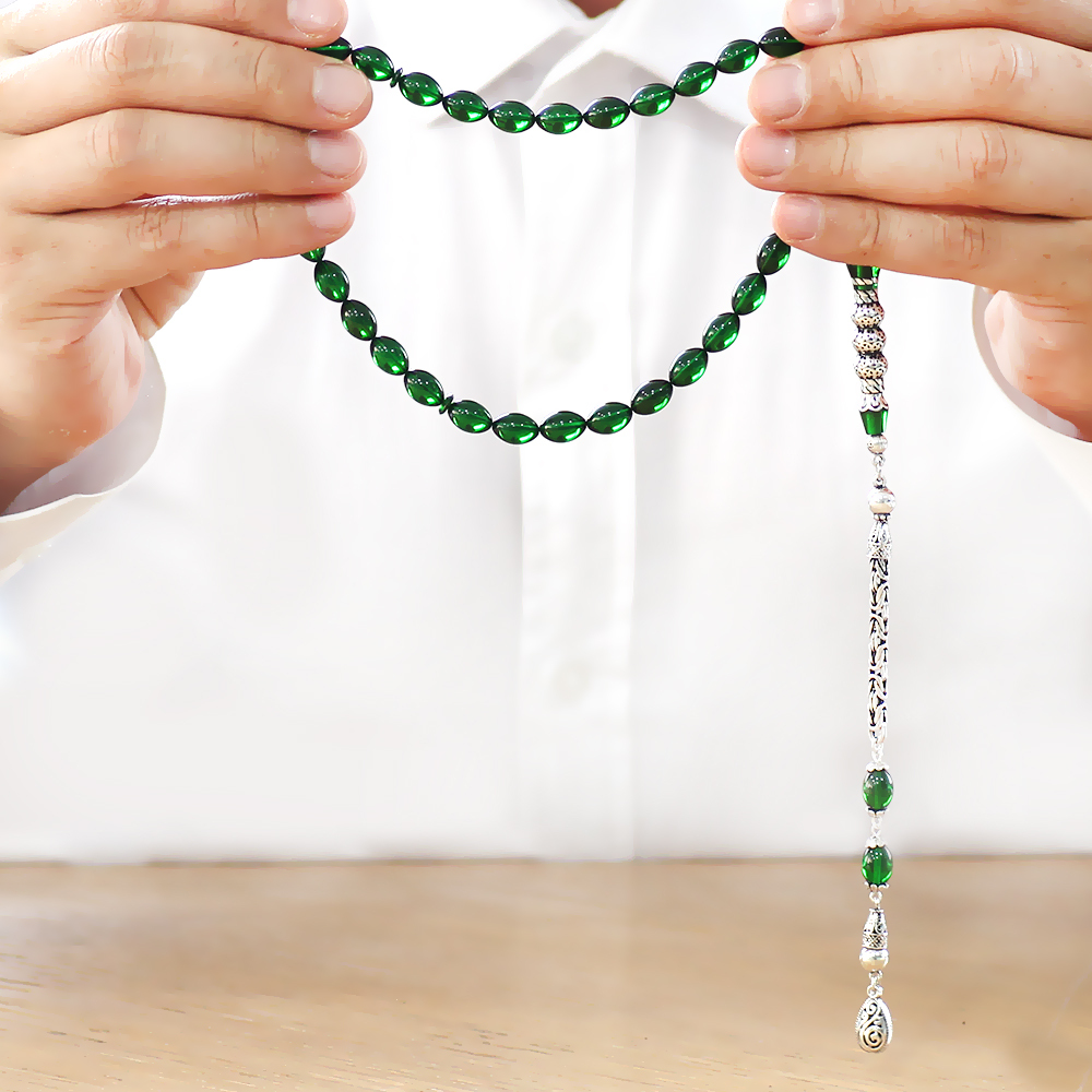 925 Ayar Gümüş Kral Püsküllü Gümüş Üç Şerefeli Nakkaş İmameli Yeşil Ateş Kehribar Tesbih - 2