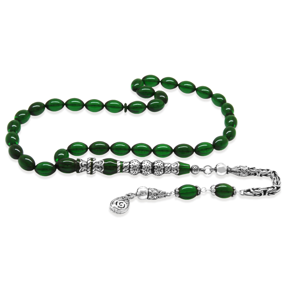 925 Ayar Gümüş Kral Püsküllü Gümüş Üç Şerefeli Nakkaş İmameli Yeşil Ateş Kehribar Tesbih - 5