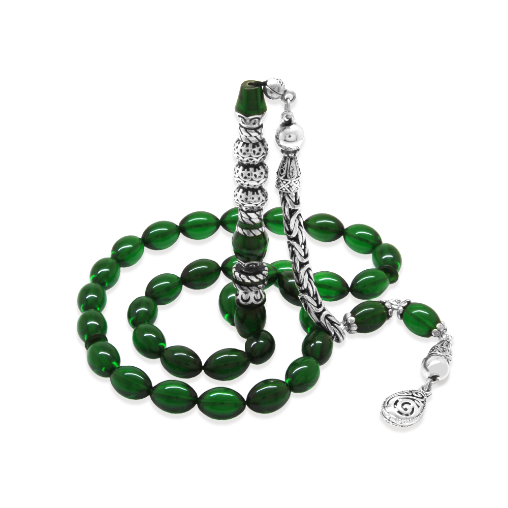 925 Ayar Gümüş Kral Püsküllü Gümüş Üç Şerefeli Nakkaş İmameli Yeşil Ateş Kehribar Tesbih - 4