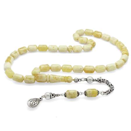 925 Ayar Gümüş Kral Püsküllü Kapsül Kesim King Seccer Sarı Beyaz Hareli Damla Kehribar Tesbih - Tesbihane