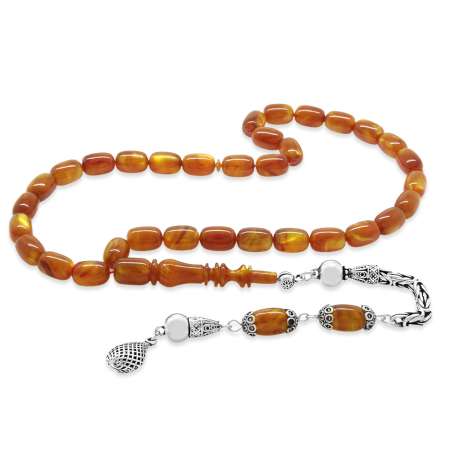 925 Ayar Gümüş Kral Püsküllü Kapsül Kesim Turuncu Kahverengi Sedefli Katalin Tesbih - Tesbihane