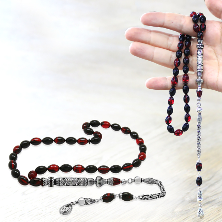 925 Ayar Gümüş Kral Püsküllü Nakkaş İmameli Cevşen Tasarım Kırmızı Siyah Ateş Kehribar Tesbih - Tesbihane