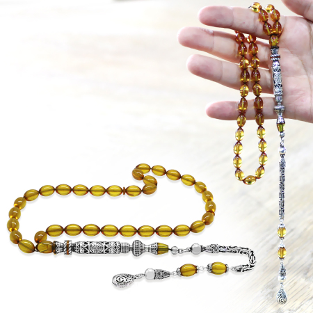 925 Ayar Gümüş Kral Püsküllü Nakkaş İmameli Cevşen Tasarım Sarı Ateş Kehribar Tesbih - Tesbihane