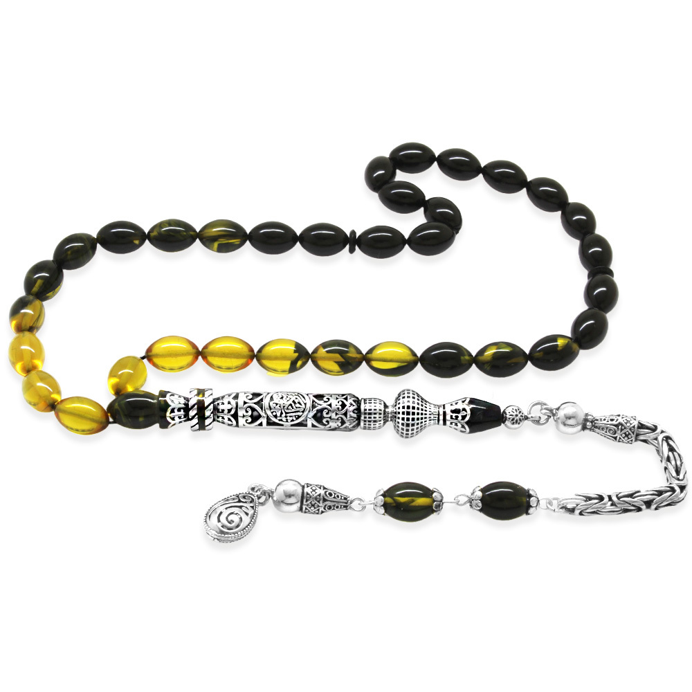 925 Ayar Gümüş Kral Püsküllü Nakkaş İmameli Cevşen Tasarım Süzme Sarı Siyah Ateş Kehribar Tesbih - 2