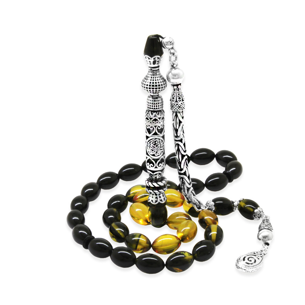 925 Ayar Gümüş Kral Püsküllü Nakkaş İmameli Cevşen Tasarım Süzme Sarı Siyah Ateş Kehribar Tesbih - 3