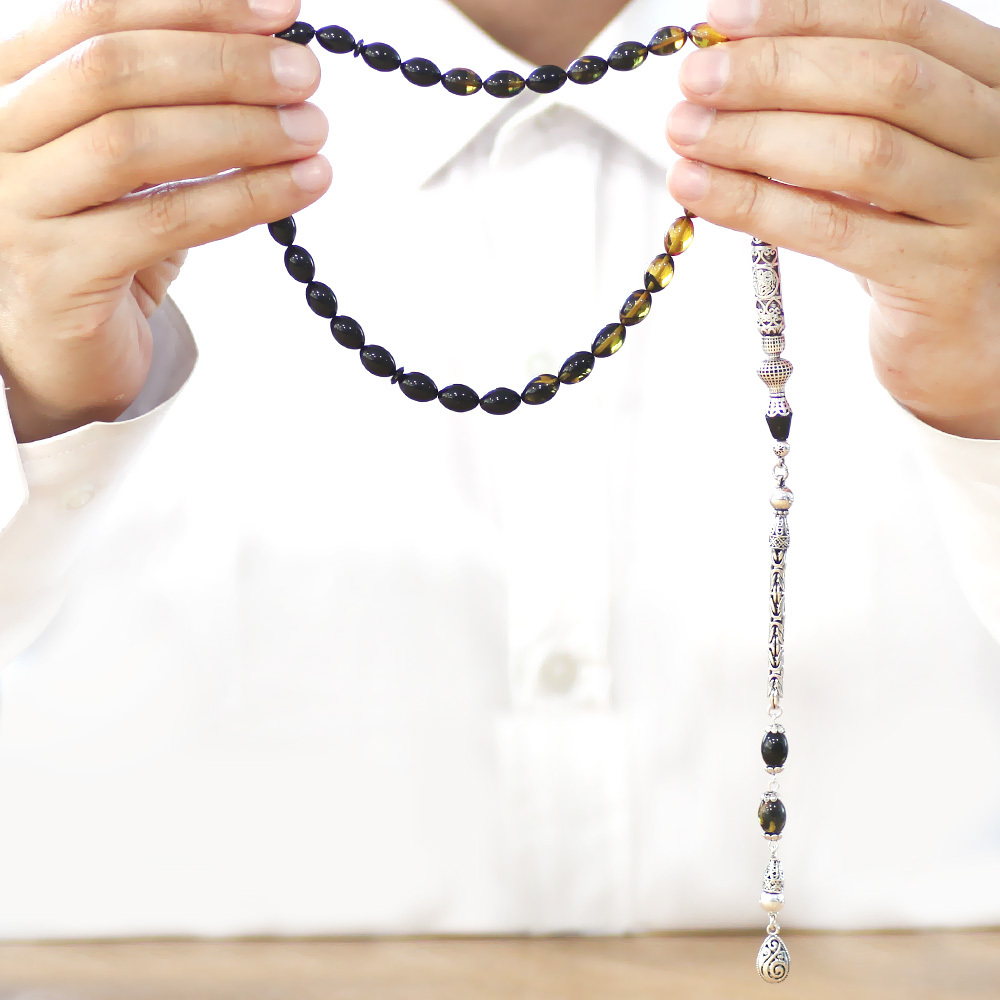 925 Ayar Gümüş Kral Püsküllü Nakkaş İmameli Cevşen Tasarım Süzme Sarı Siyah Ateş Kehribar Tesbih - 5